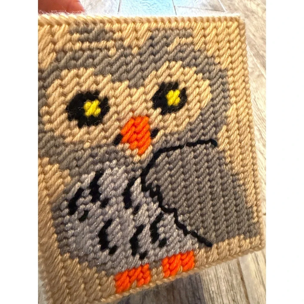 Needlepoint Tissue Box Cover Owl Moon Plastic Canvas Handmade Home Halloween